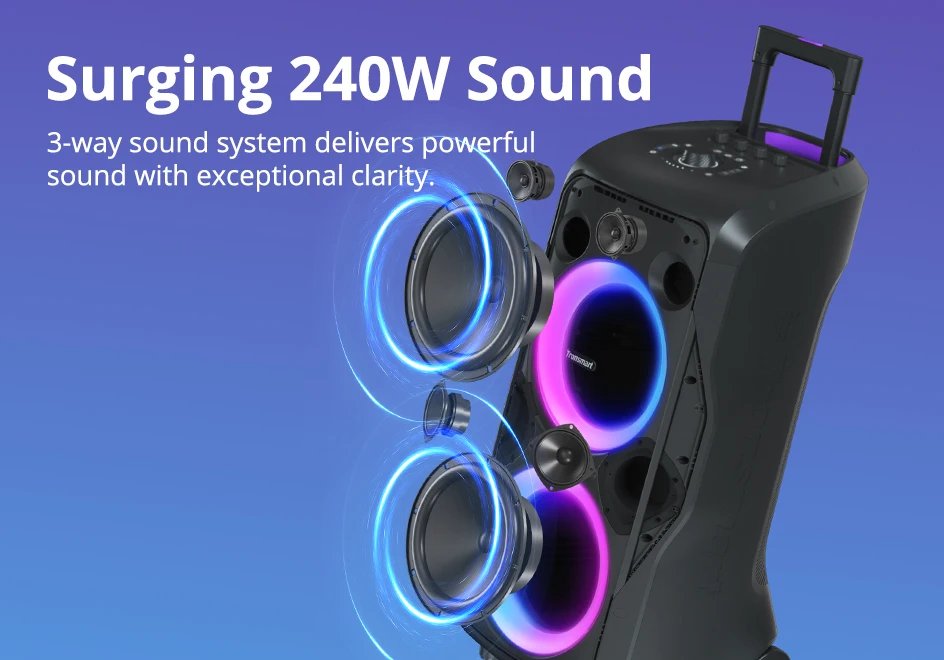 Tronsmart Halo 300 Speaker Partybox 240W with Guitar/Mic/XLR Input, TWS, 20H Playtime, wheels & Hidden Lever, for Party