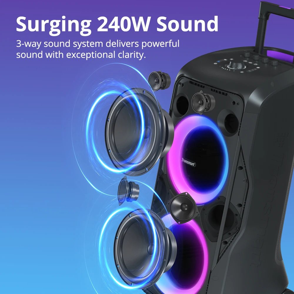Tronsmart Halo 300 Speaker Partybox 240W with Guitar/Mic/XLR Input, TWS, 20H Playtime, wheels & Hidden Lever, for Party Tronsmart Halo 300 Speaker Partybox 240W with Guitar/Mic/XLR Input, TWS, 20H Playtime, wheels & Hidden Lever, for Party